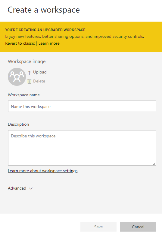 Screenshot showing the Create a workspace dialog box.