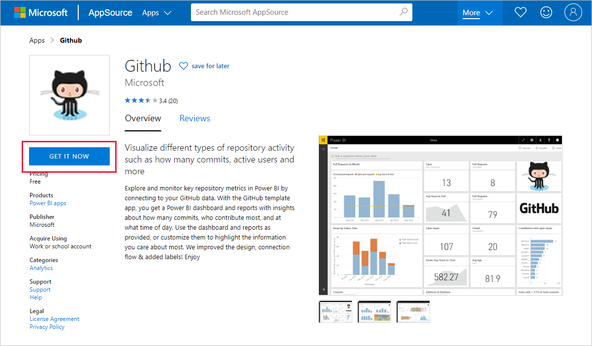 Screenshot of the AppSource page showing the GitHub template app, get it now is highlighted.
