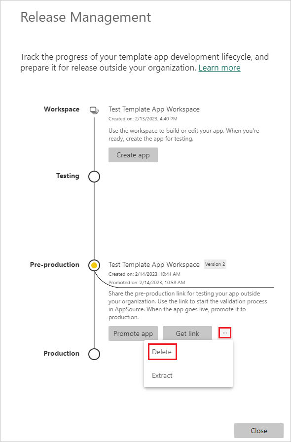 Screenshot that shows the Release Management pane with Delete selected.