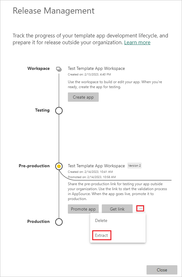 Screenshot that shows the Release Management pane with Extract selected.