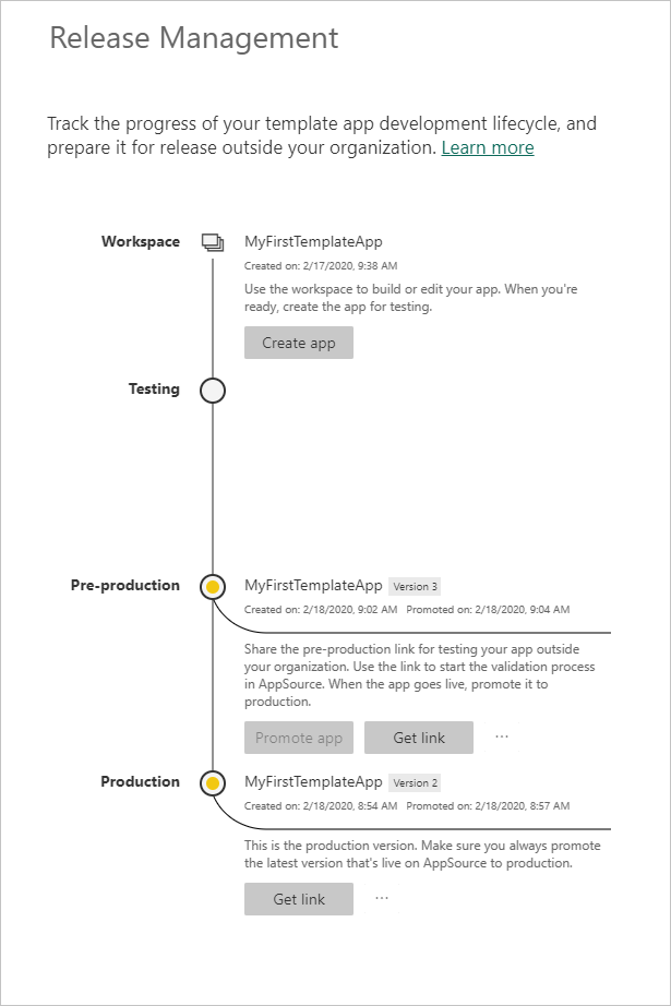 Screenshot that shows two versions of a template app with Promote app greyed out.