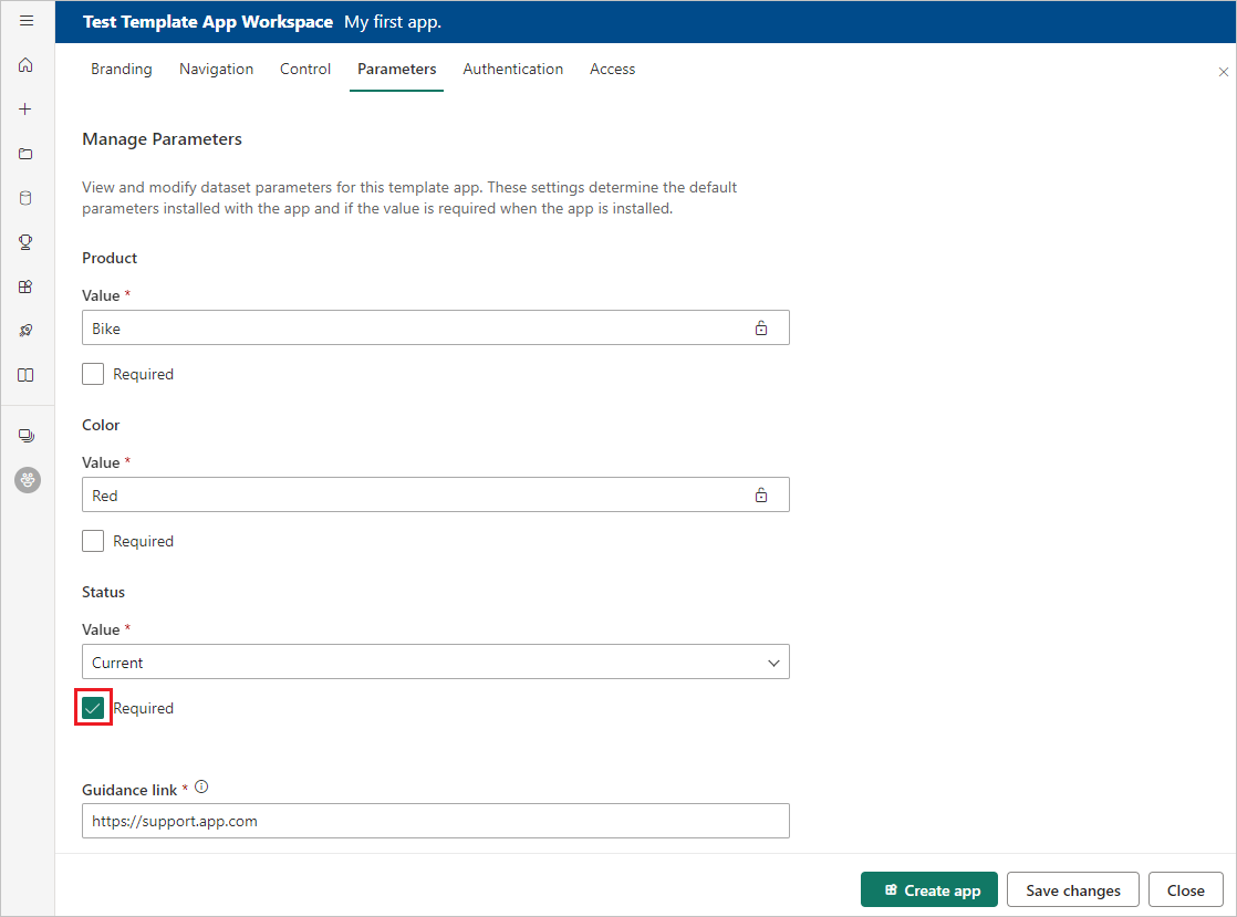 Screenshot that shows Required under Parameters.