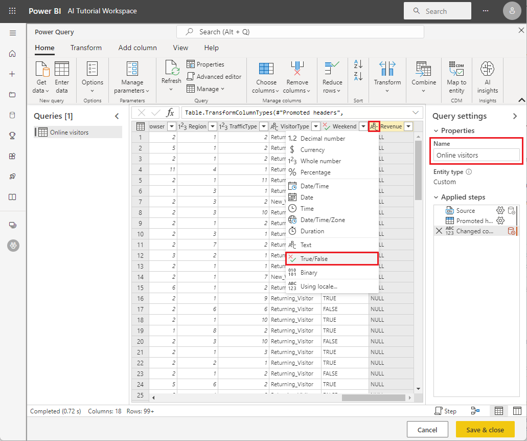 Screenshot of changing the query name and Revenue column data type.