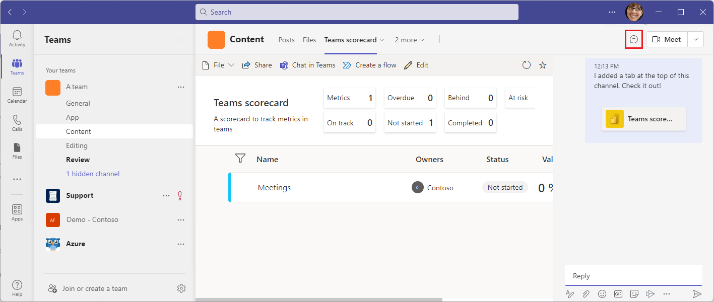 Open the chat window in Teams to see the post about the scorecard.