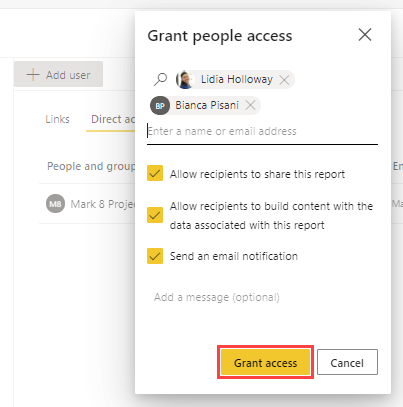 Screenshot of Grant people access dialog.