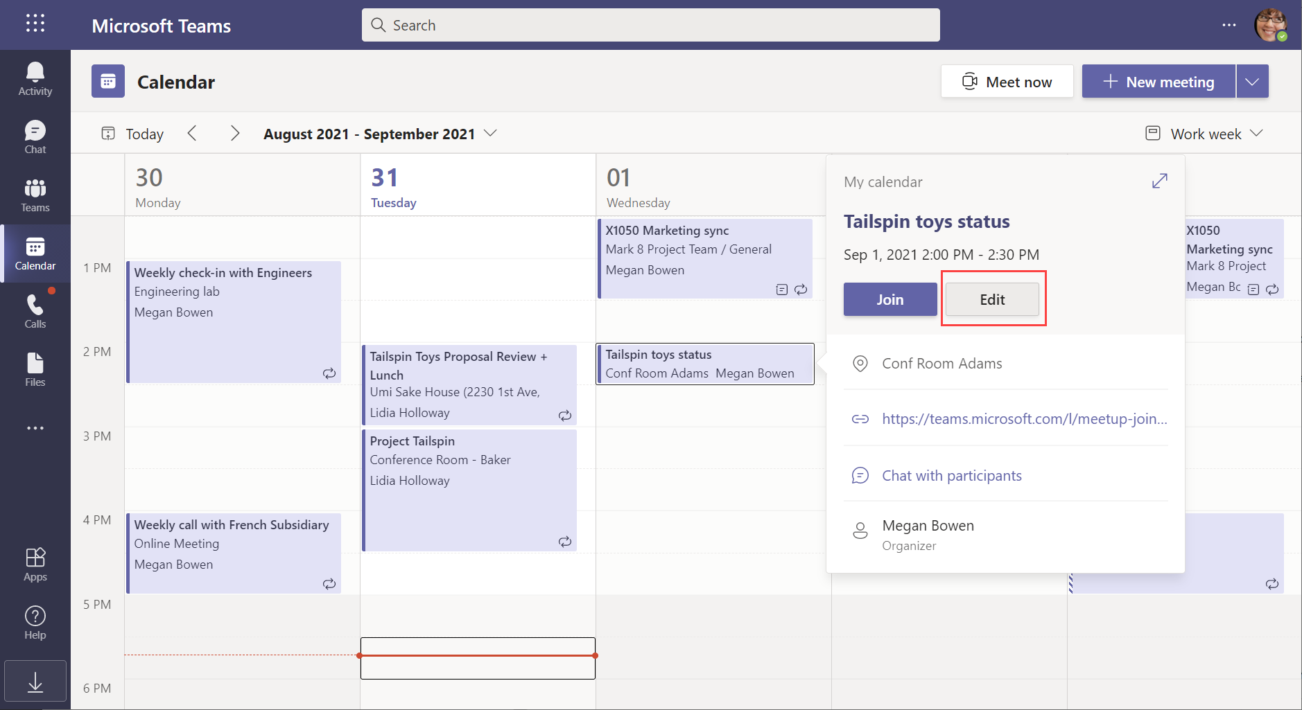 Screenshot of the calendar pane in Teams and a meeting invite displaying a menu with the edit button highlighted.