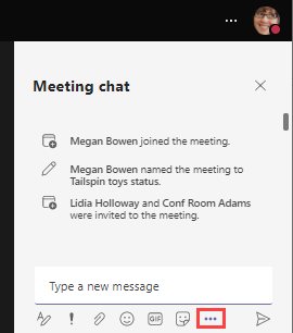 Screenshot of a Teams chat window with the Messaging extensions button highlighted.