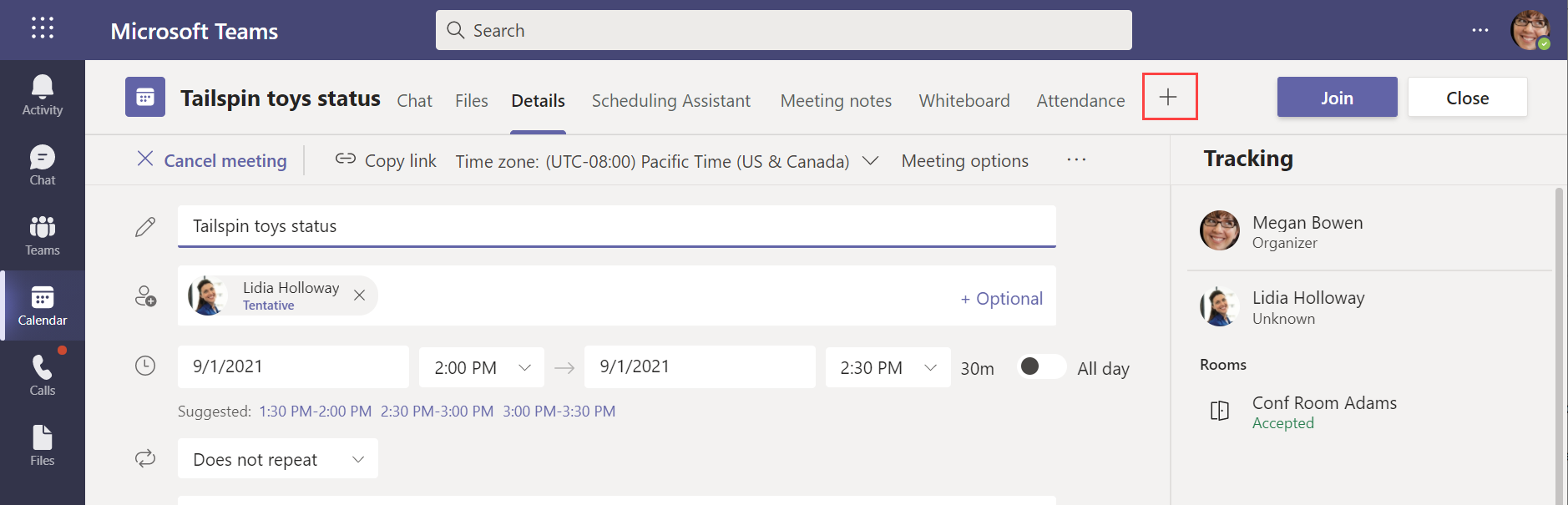 Screenshot of a Teams meeting invite and the Add a tab button highlighted.