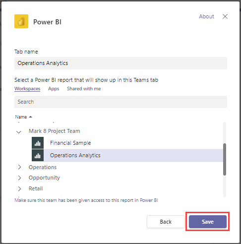 Screenshot of the Add a tab window and Power BI with the save button highlighted.