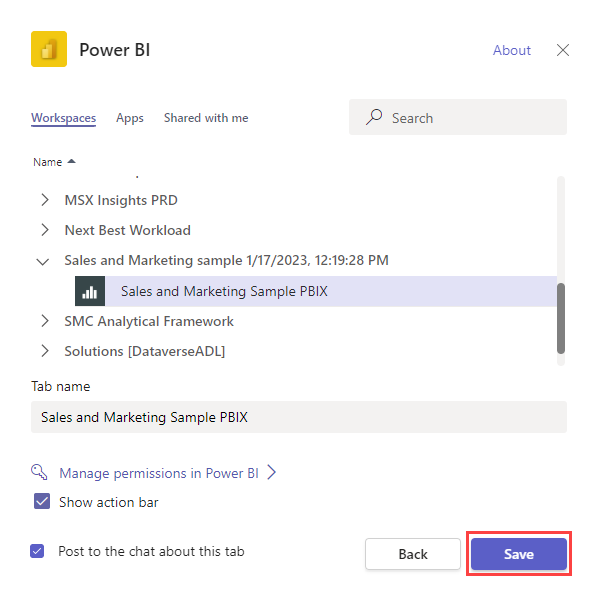 Screenshot showing the Power BI dialog in Teams with Save highlighted.