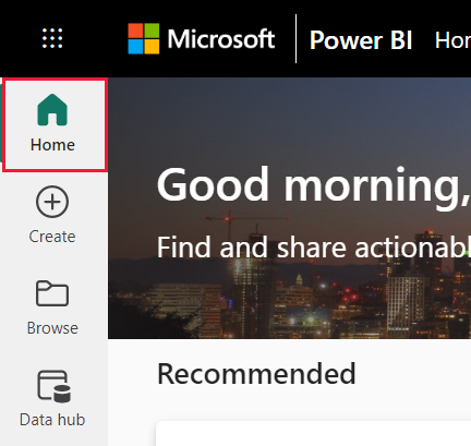 A screenshot of the nav pane for the Power BI service and Home selected.