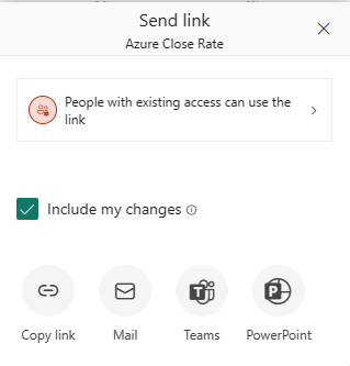 Screenshot of the Send link dialog with the option to include changes selected.