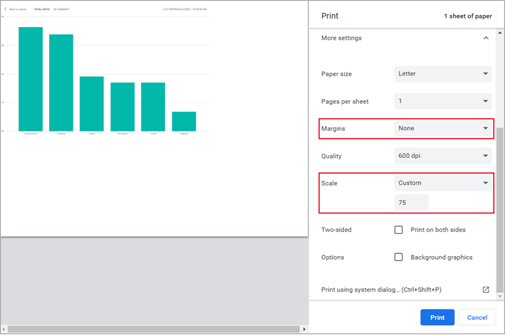 Screenshot of print settings with Margins and Scale options selected.