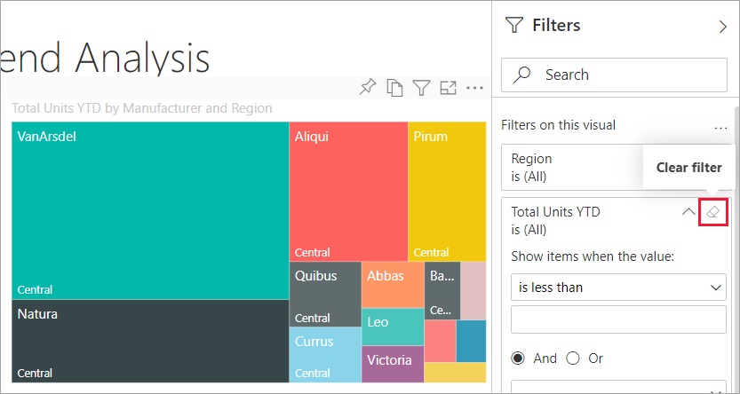 Screenshot of a report with the Filters pane expanded and the eraser icon selected.