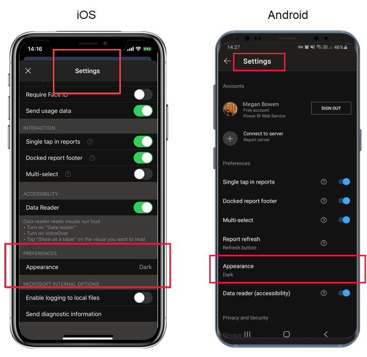 Screenshot of appearance settings for the Power B I iOS and Android apps.