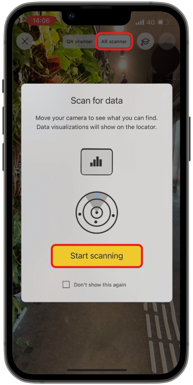 Screenshot of Start scanning button in Data in space.