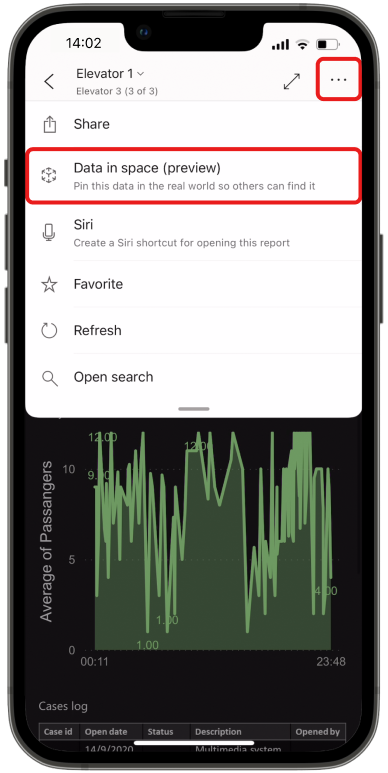 Screenshot of the Data in space (preview) option in the Power BI mobile app's options menu