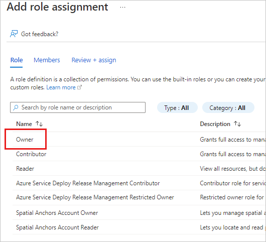 Screenshot of the Owner role in the Azure Spatial Anchors resource.