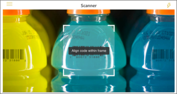 Screenshot of a product barcode scan, showing the scanner over the barcode of a colored beverage.