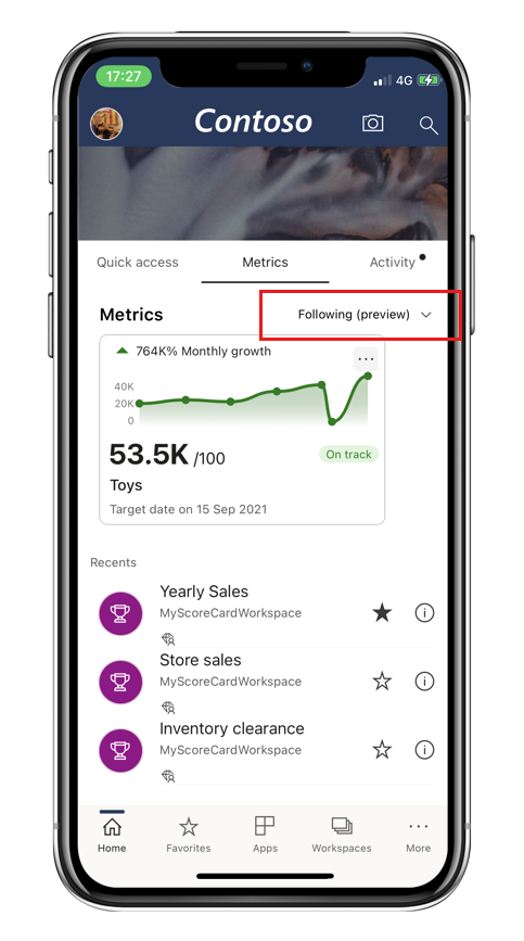 Screenshots showing how to follow a metric from the Power B I mobile app.