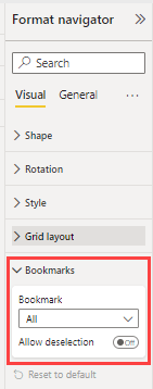 Screenshot of the Format navigator, highlighting the Bookmark settings.