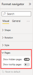 Screenshot of the Format navigator, highlighting the Pages settings.