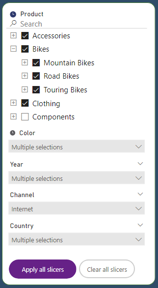 Screenshot showing Apply all slicers button in Power BI.