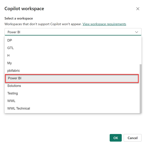 Screenshot of the workspace picker in Power BI desktop that appears to enable you to select a Copilot supported workspace.