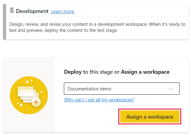 A screenshot showing the assign workspace button in a deployment pipelines empty stage.