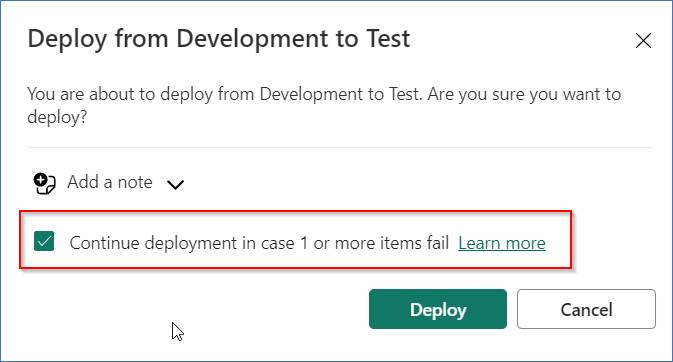 Screenshot of the deployment dialog that appears when you select deploy. It shows a checkbox asking if you want to continue deployment if an item fails to deploy.