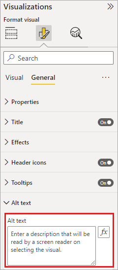 Screenshot of the Visualizations pane, highlighting the Alt text box.
