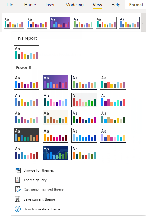 Screenshot showing the Power BI built in themes.