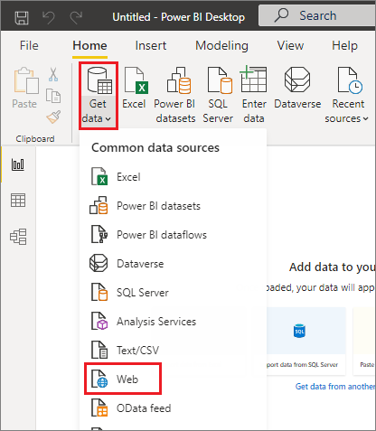 Screenshot of Power BI Desktop, highlighting the Web selection under the Get Data dropdown menu.