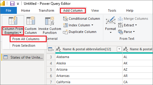 Screenshot of Power Query Editor, highlighting Add Column, Column From Examples, and From All Columns.