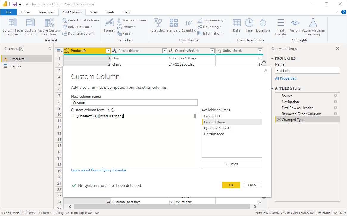 Screenshot of the Add Custom Column dialog box.