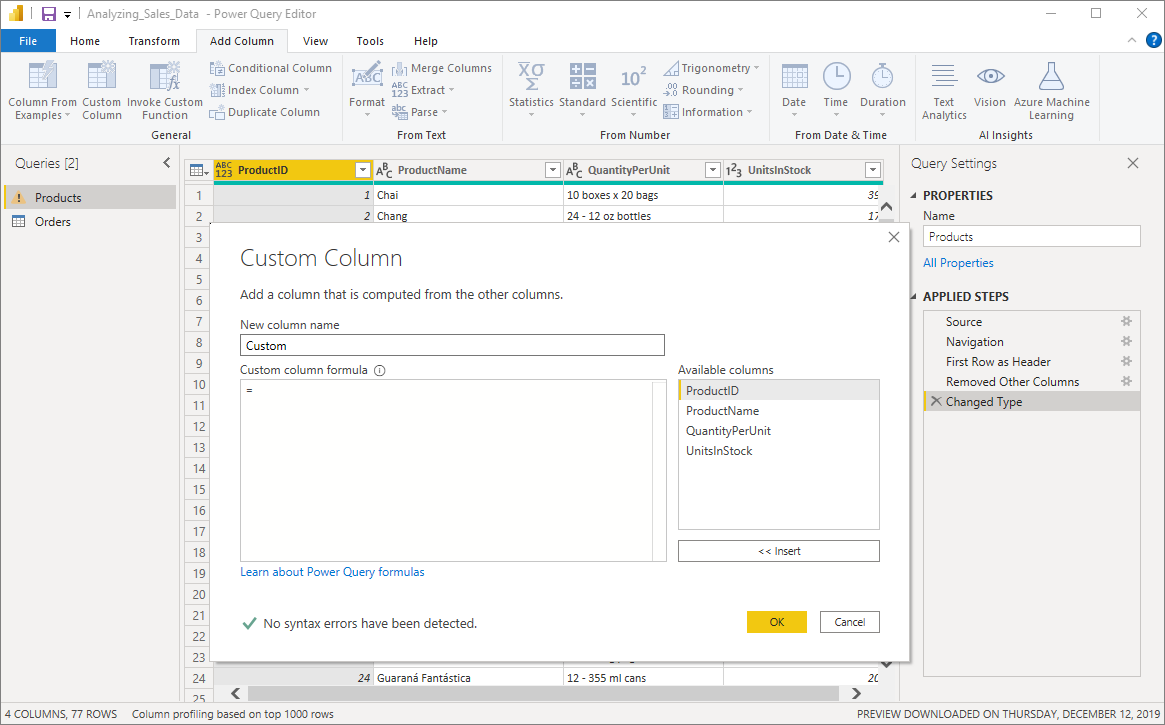 Screenshot of the Custom Column dialog box, which includes available columns to choose from.