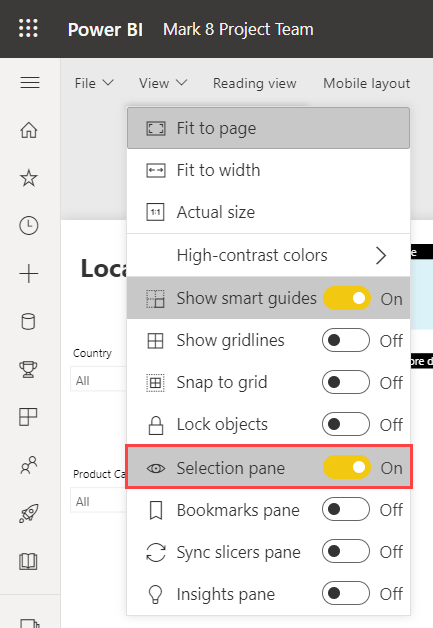 Screenshot showing how to turn on the Selection pane in the Power BI service.