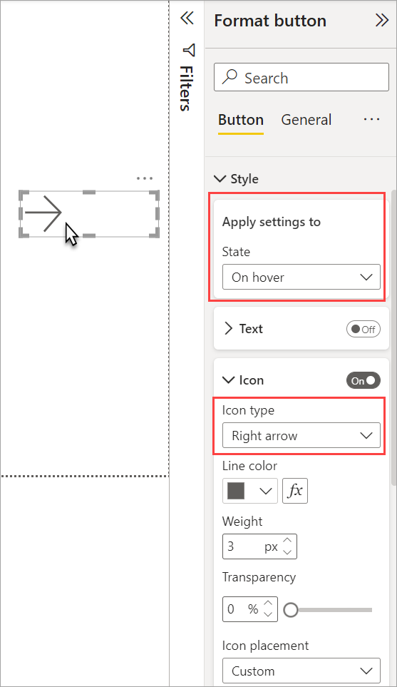 Screenshot showing the On hover state of a button in a Power BI report.