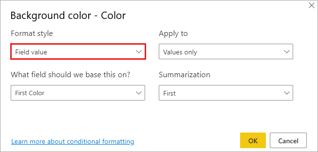 Power BI là công cụ phân tích dữ liệu hàng đầu hiện nay. Dùng Conditional Table Formatting trong Power BI để đẩy mạnh tính năng của nó và giúp bạn trình bày dữ liệu một cách dễ hiểu và hấp dẫn hơn. Hãy xem hình ảnh liên quan để biết cách sử dụng Conditional Table Formatting.