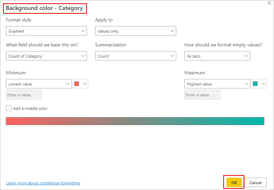 Conditional formatting dialog for Background color and Font color