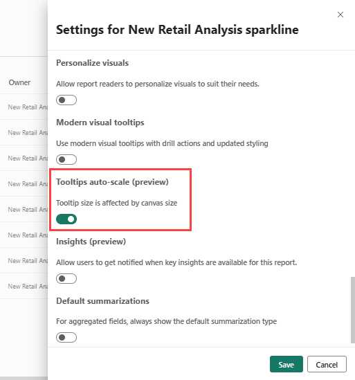 Screenshot showing Tooltip size is affected by canvas size checkbox in the Power BI service.