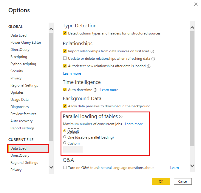 Screenshot that shows the changing maximum number of concurrent jobs data loading parallelization settings in Power BI Desktop.