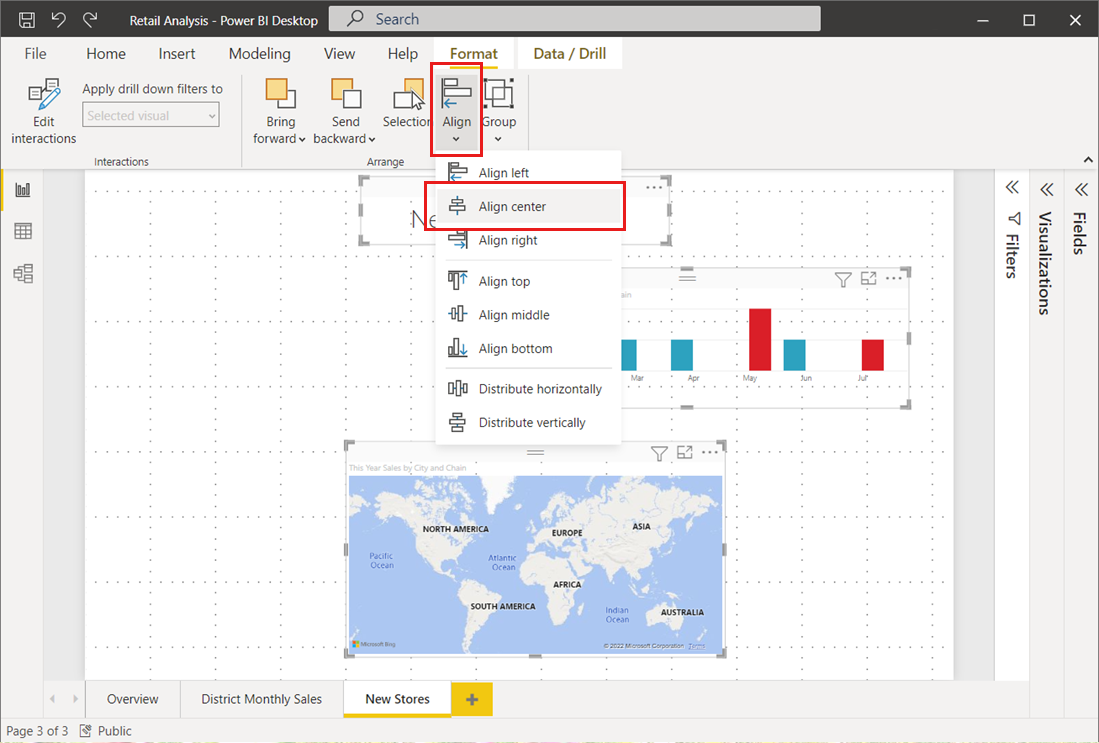 Screenshot of the Power BI report canvas, showing the Align menu with Align center for three selected visuals.
