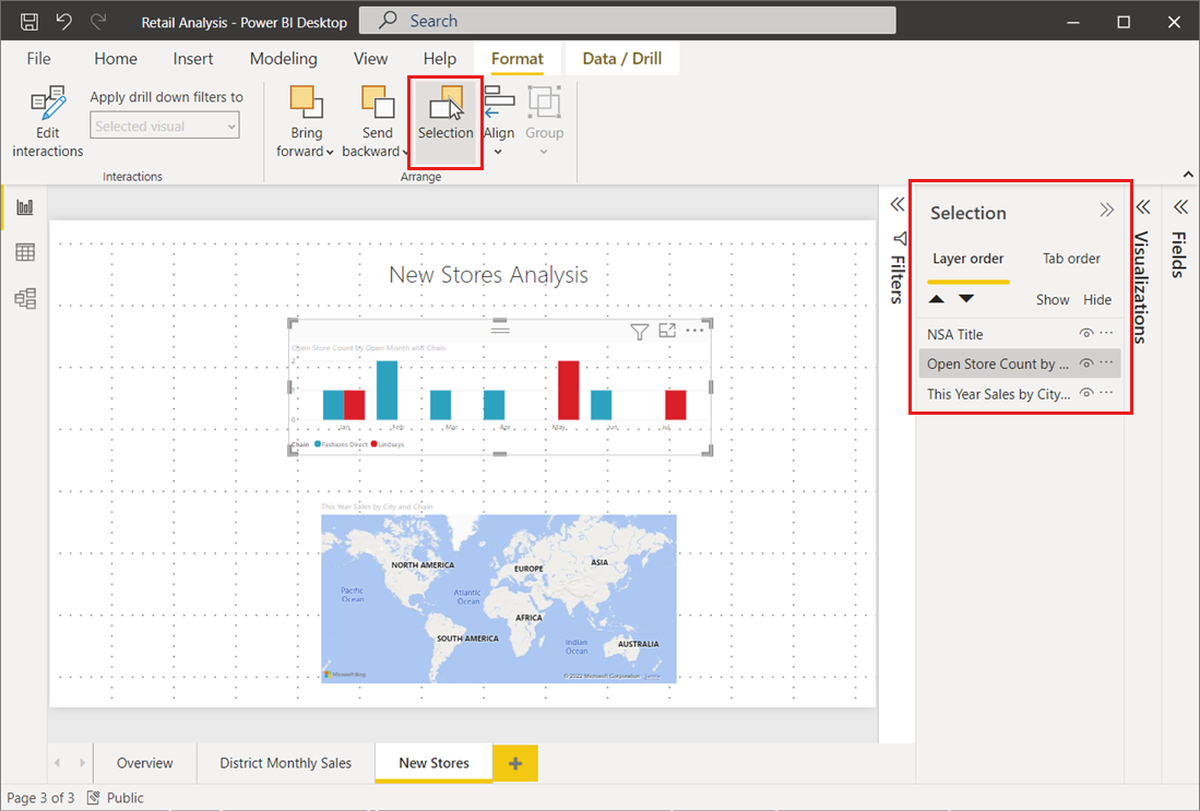 Screenshot of the Power BI Desktop canvas, showing the Selection pane, which sets the front-to-back order of visuals.