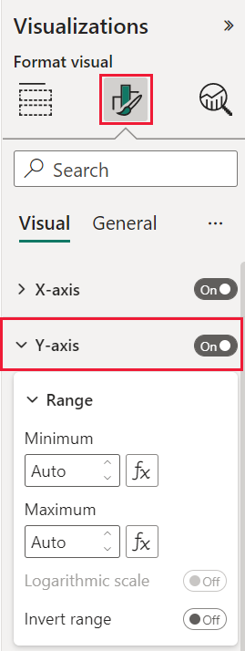 Screenshot of a Power BI service visual, showing the Y axis card.
