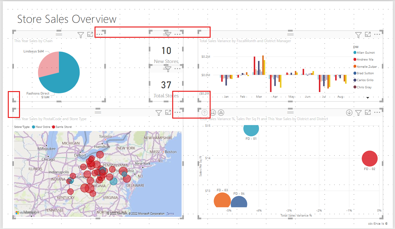 Screenshot of the Power BI report canvas, showing how to use gridlines to align your visuals.