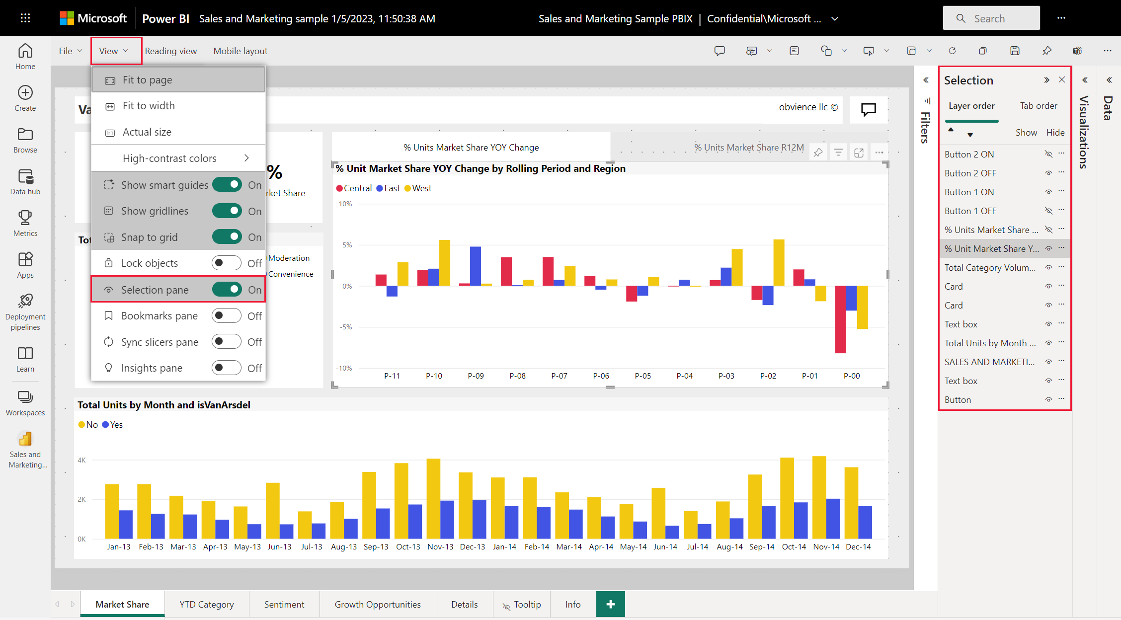 Screenshot of the Power BI service canvas, showing the Selection pane, which sets the front-to-back order of visuals.
