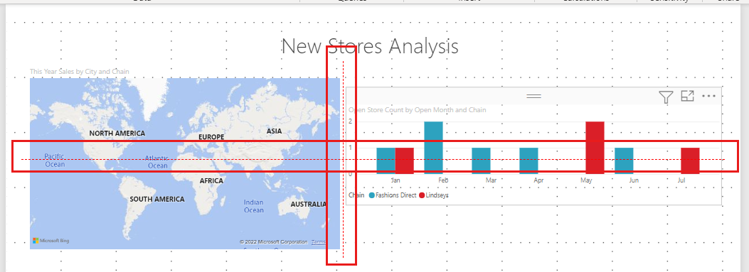 Screenshot of the Power BI report canvas, showing how to use smart guides to align your visuals.