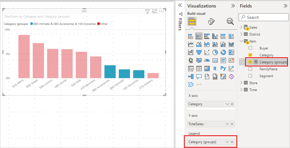 Screenshot of the Legend bucket and Fields lists, highlighting Category groups.