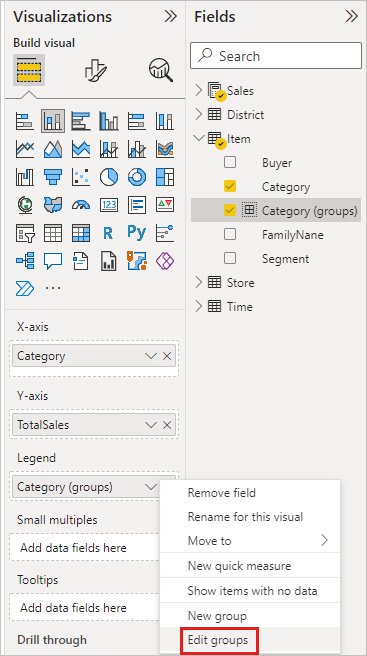 Screenshot shows Edit groups command, Legend and Fields lists, Power B I Desktop.
